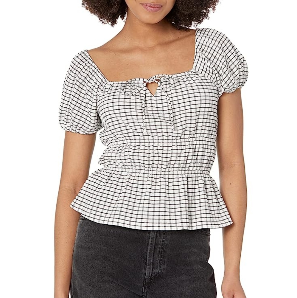 Madewell White and Black Plaid Peplum Puff-Sleeve Blouse